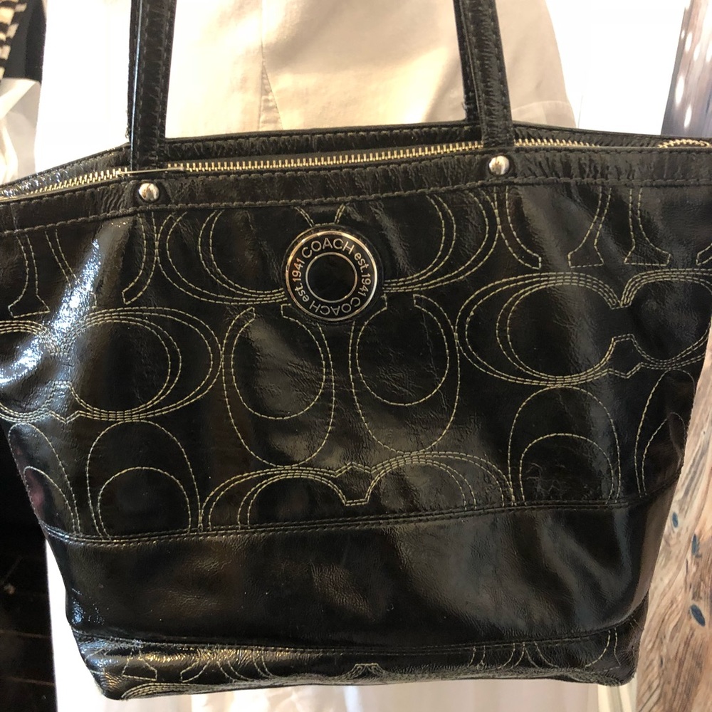 Coach Black Signature Stitched Patent Leather